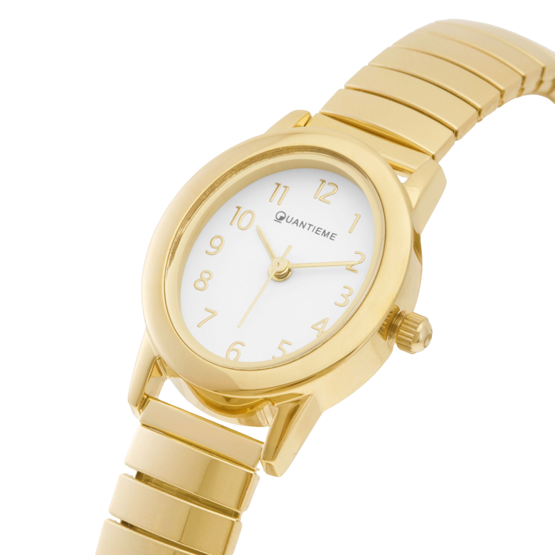 Montre femme, boîte et bracelet acier doré et verre minéral