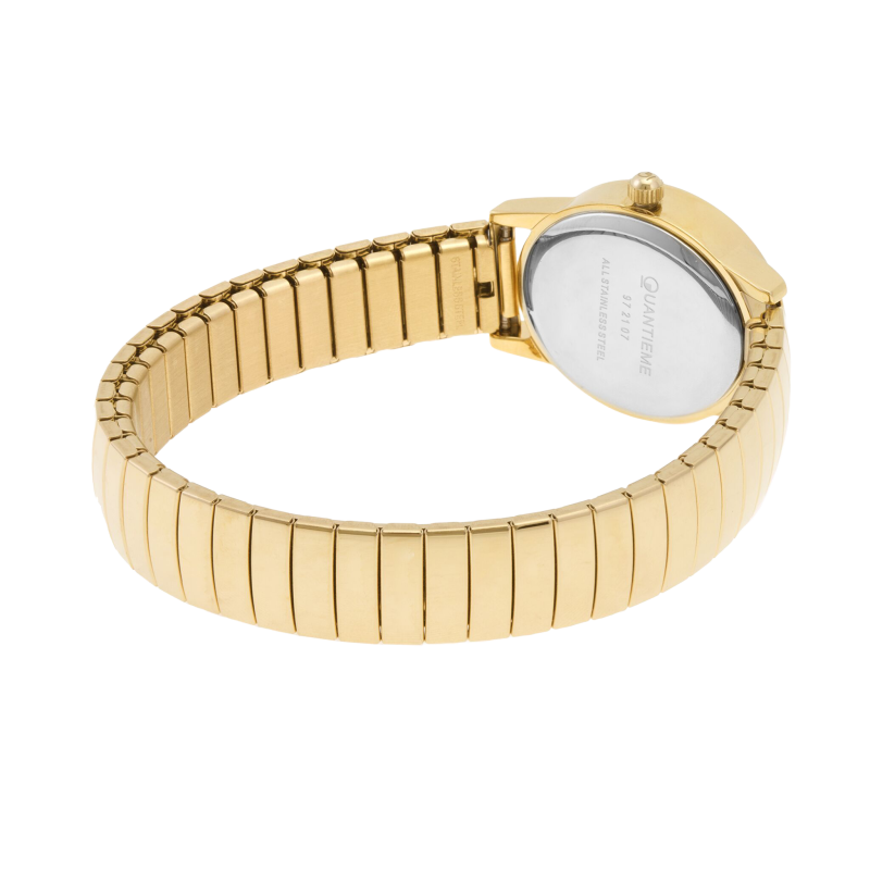 Montre femme, boîte et bracelet acier doré et verre minéral