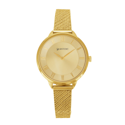 Montre femme, boite et bracelet en acier doré, verre minéral