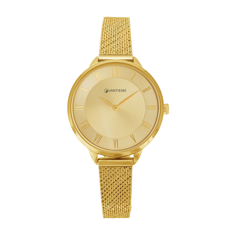 Montre femme, boite et bracelet en acier doré, verre minéral