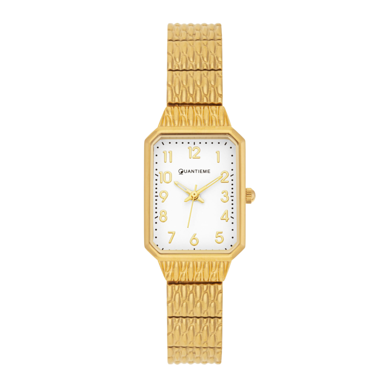 Montre femme, boite et bracelet en acier doré, verre minéral