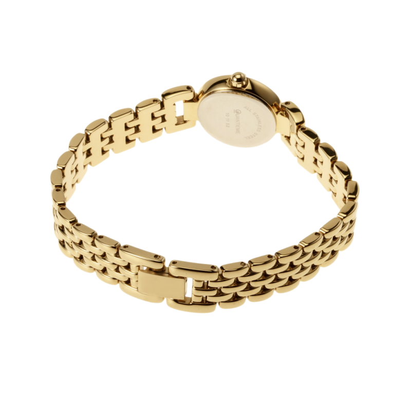 Montre dame, boîte acier doré, bracelet acier doré et verre minéral