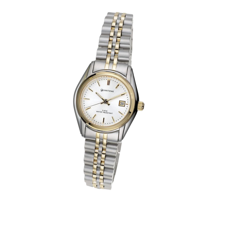 Montre dame étanche 50 m, boite et bracelet en acier et acier doré, verre minéral