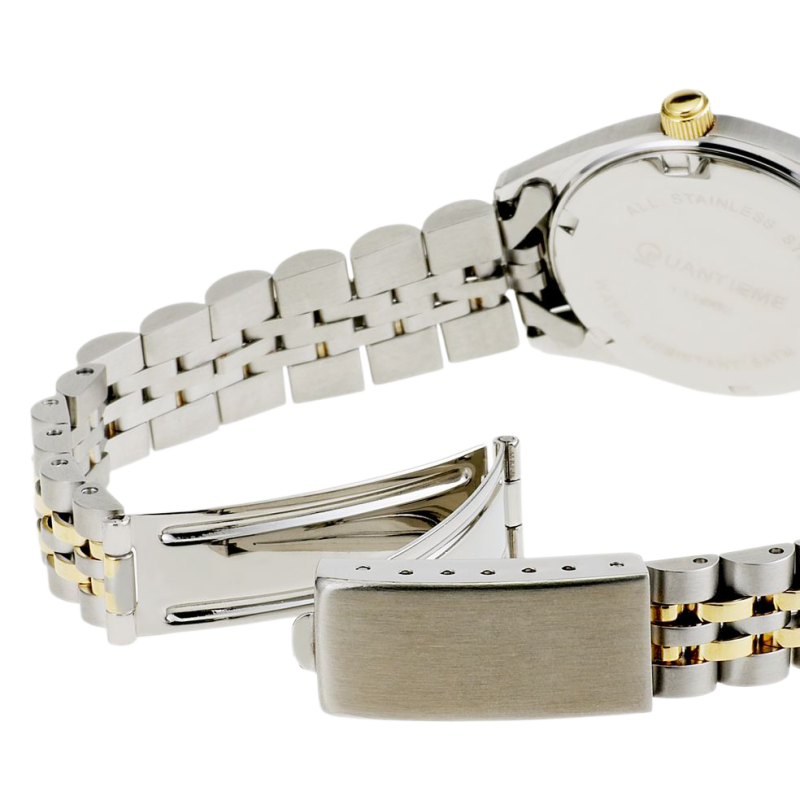 Montre dame étanche 50 m, boite et bracelet en acier et acier doré, verre minéral