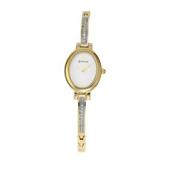 Montre dame, boite et bracelet en acier et acier doré, cristaux de synthèse et verre minéral