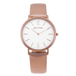Montre femme, boîte en acier doré rose, bracelet cuir et tissu, verre minéral