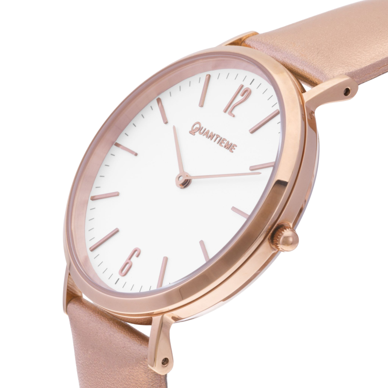 Montre femme, boîte en acier doré rose, bracelet cuir et tissu, verre minéral