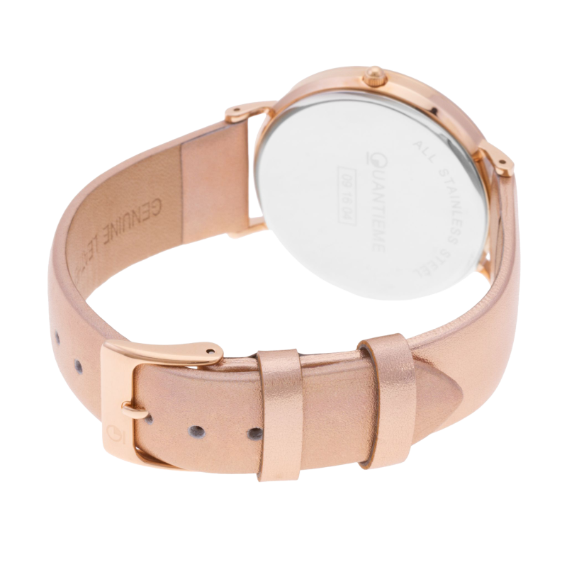 Montre femme, boîte en acier doré rose, bracelet cuir et tissu, verre minéral