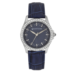 Montre femme, boîte acier et cristaux de synthèse, bracelet cuir et verre minéral
