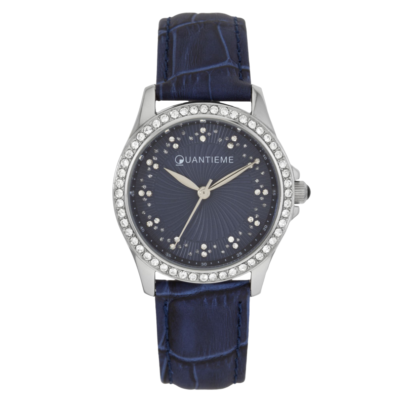 Montre femme, boîte acier et cristaux de synthèse, bracelet cuir et verre minéral