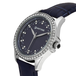 Montre femme, boîte acier et cristaux de synthèse, bracelet cuir et verre minéral