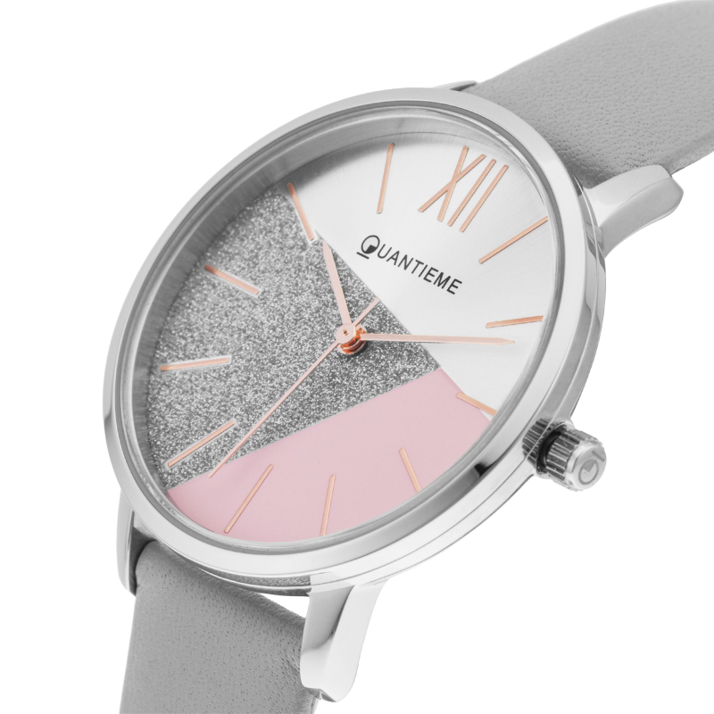 Montre femme, boîte acier, bracelet cuir argenté et verre minéral