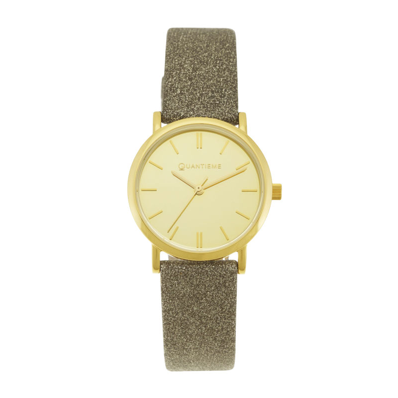 Montre femme, boîte acier doré, bracelet cuir pailleté doré et verre minéral