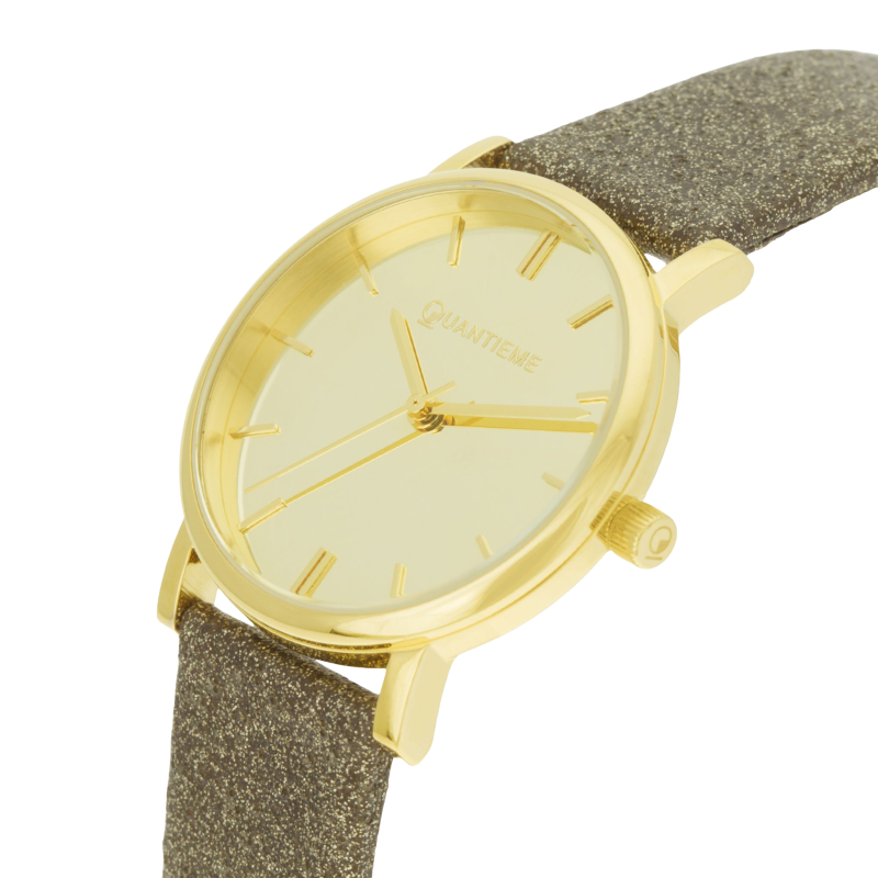 Montre femme, boîte acier doré, bracelet cuir pailleté doré et verre minéral