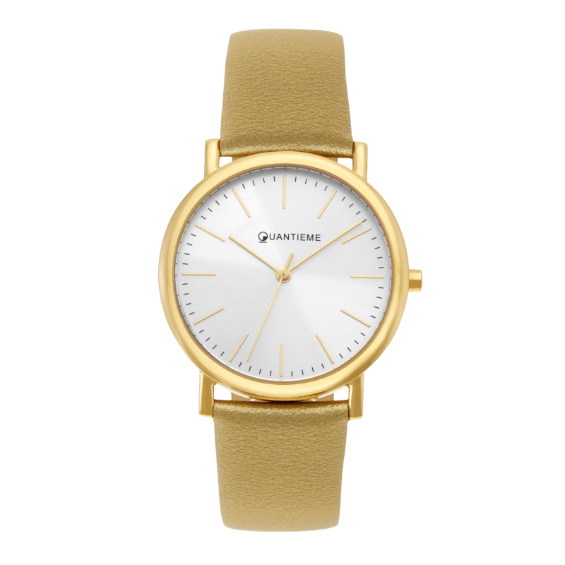 Montre femme, boîte acier doré, bracelet polyuréthane et cuir, verre minéral