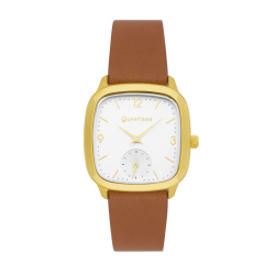 Montre femme, boite acier doré, bracelet cuir et verre minéral