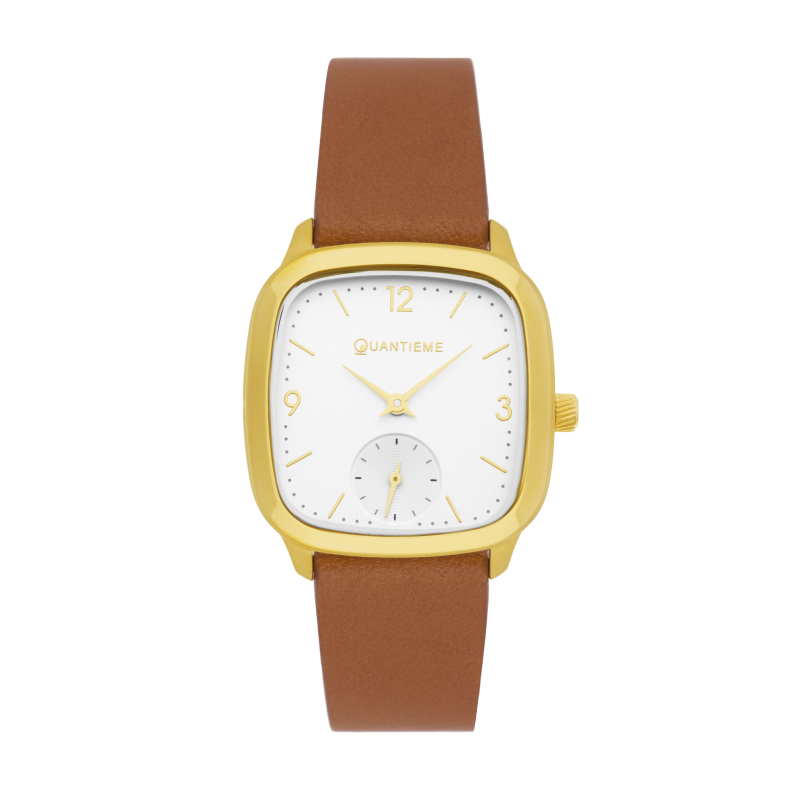 Montre femme, boite acier doré, bracelet cuir et verre minéral