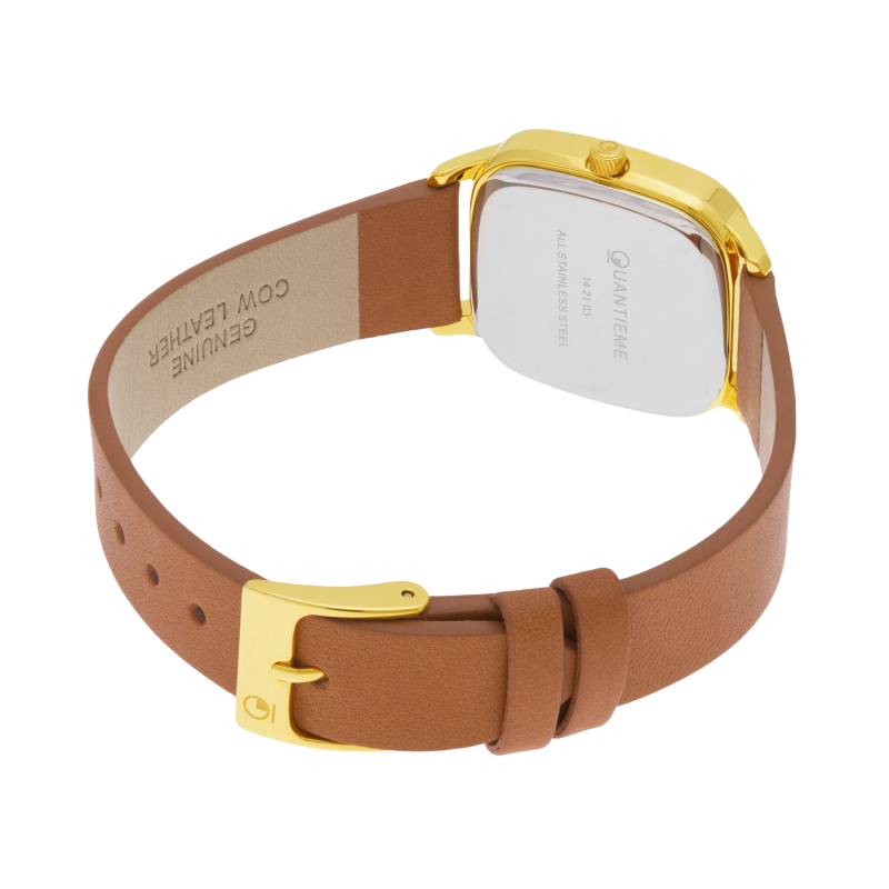 Montre femme, boite acier doré, bracelet cuir et verre minéral