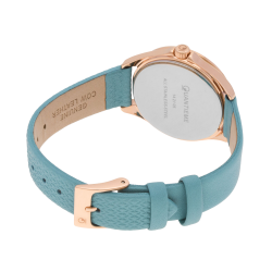 Montre femme, boite acier doré rose, bracelet cuir bleu et verre minéral