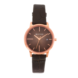 Montre femme, boite en acier doré rose, bracelet en cuir, verre minéral