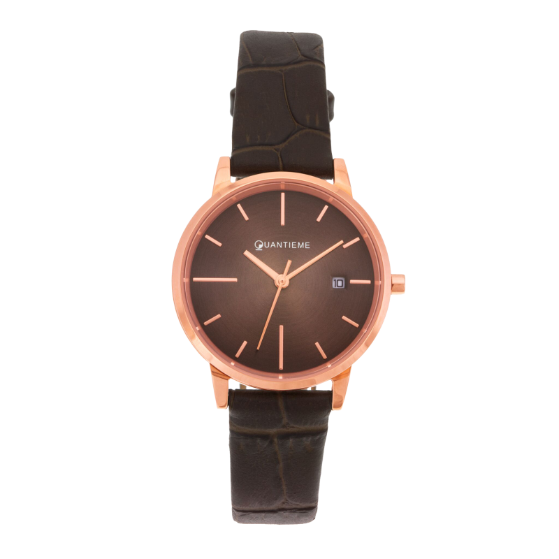 Montre femme, boite en acier doré rose, bracelet en cuir, verre minéral