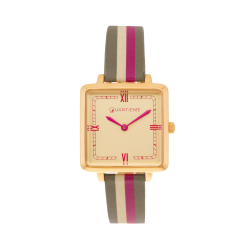 Montre femme, boîte en acier doré, bracelet en cuir et verre minéral