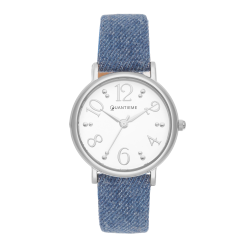 Montre femme, boite en acier, bracelet en cuir et denim, verre minéral