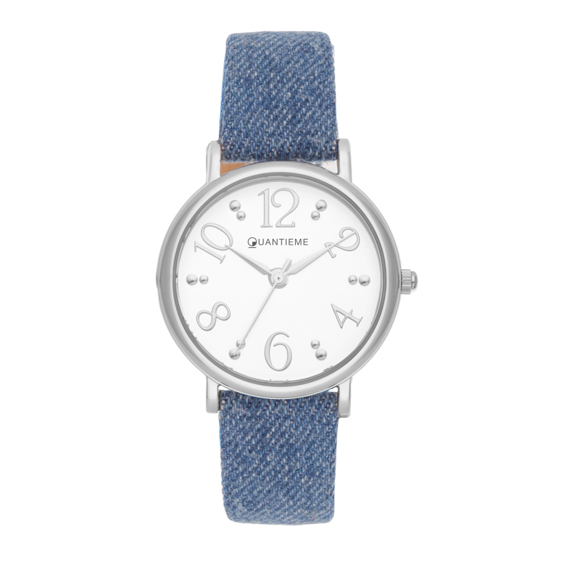 Montre femme, boite en acier, bracelet en cuir et denim, verre minéral
