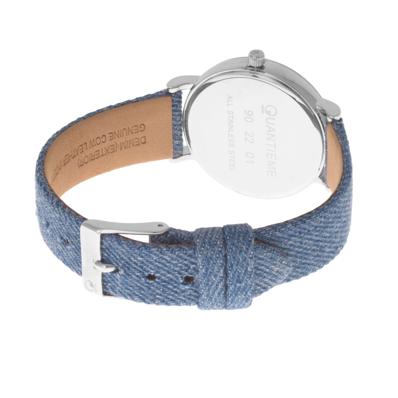 Montre femme, boite en acier, bracelet en cuir et denim, verre minéral