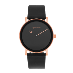 Montre femme, boîte en acier doré rose, bracelet en cuir noir et verre minéral