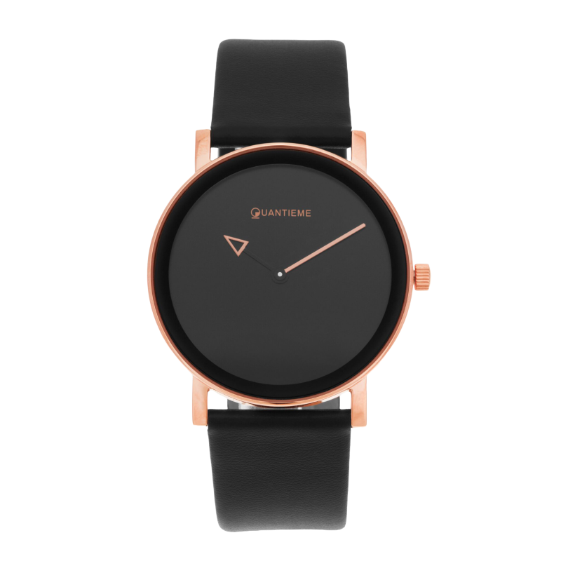 Montre femme, boîte en acier doré rose, bracelet en cuir noir et verre minéral