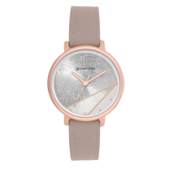 Montre femme, boite en acier rose doré, bracelet en cuir beige et verre minéral