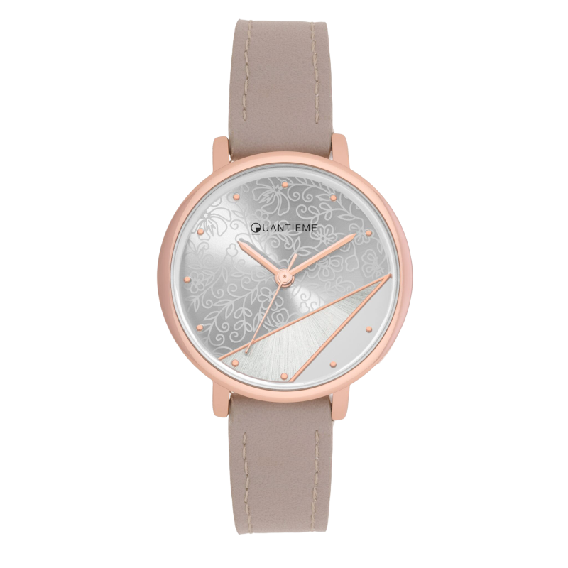 Montre femme, boite en acier rose doré, bracelet en cuir beige et verre minéral