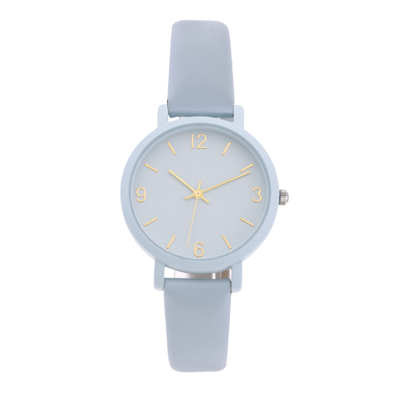 Montre femme, boîte en caoutchouc bleu, bracelet en cuir bleu et verre minéral
