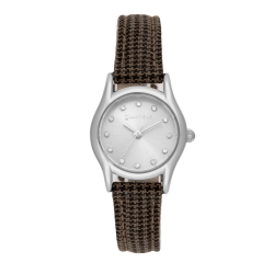Montre femme, boîte acier et cristaux de synthèse, bracelet tissu et cuir et verre minéral