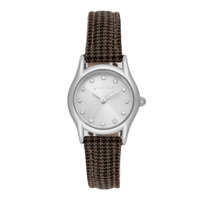 Montre femme, boîte acier et cristaux de synthèse, bracelet tissu et cuir et verre minéral