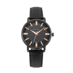 Montre femme, boite en acier noir, bracelet en cuir noir et verre minéral