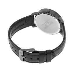 Montre femme, boite en acier noir, bracelet en cuir noir et verre minéral