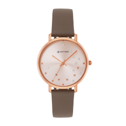 Montre femme, boîte en acier rose, bracelet en cuir marron et verre minéral