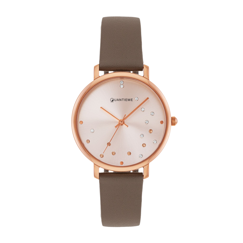 Montre femme, boîte en acier rose, bracelet en cuir marron et verre minéral