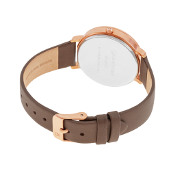 Montre femme, boîte en acier rose, bracelet en cuir marron et verre minéral