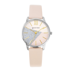 Montre femme, boîte acier, bracelet cuir doré et verre minéral