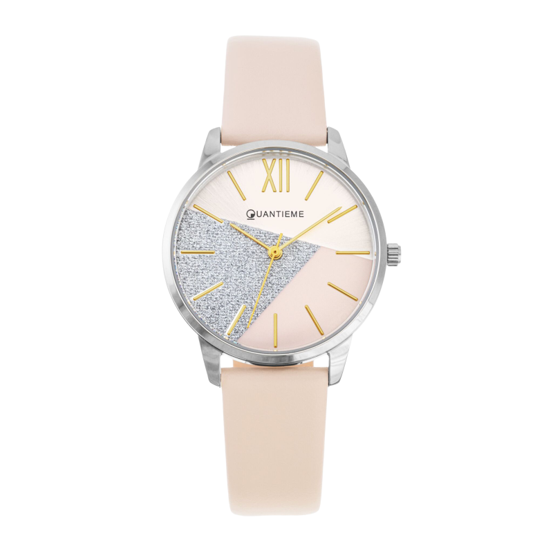 Montre femme, boîte acier, bracelet cuir doré et verre minéral