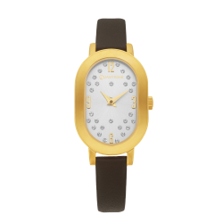 Montre femme, boite en acier doré, bracelet en cuir marron, verre minéral