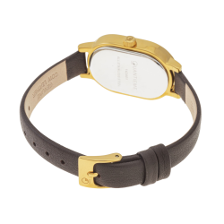 Montre femme, boite en acier doré, bracelet en cuir marron, verre minéral