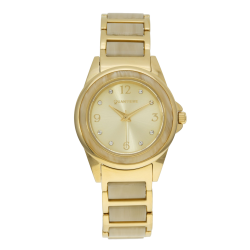 Montre femme, boîte en acier doré et cristaux de synthèse, bracelet en acier doré et acetate, verre minéral