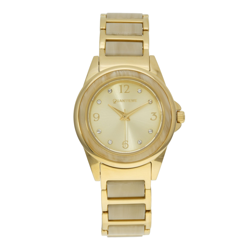Montre femme, boîte en acier doré et cristaux de synthèse, bracelet en acier doré et acetate, verre minéral