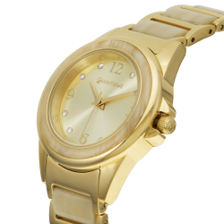 Montre femme, boîte en acier doré et cristaux de synthèse, bracelet en acier doré et acetate, verre minéral