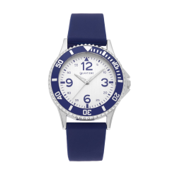 Montre femme, boîte en acier, bracelet en silicone bleu et verre minéral