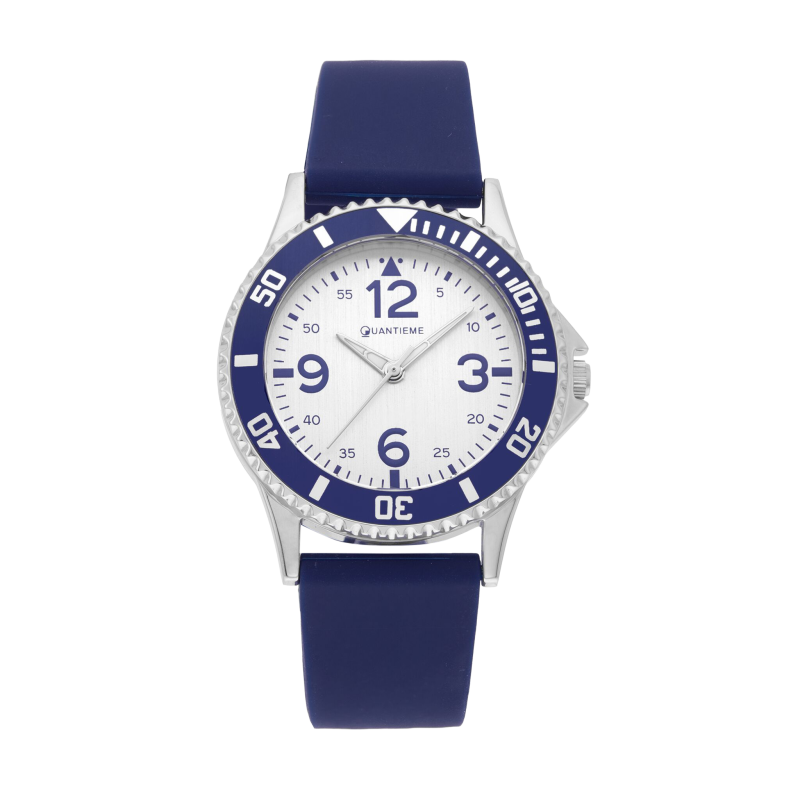Montre femme, boîte en acier, bracelet en silicone bleu et verre minéral